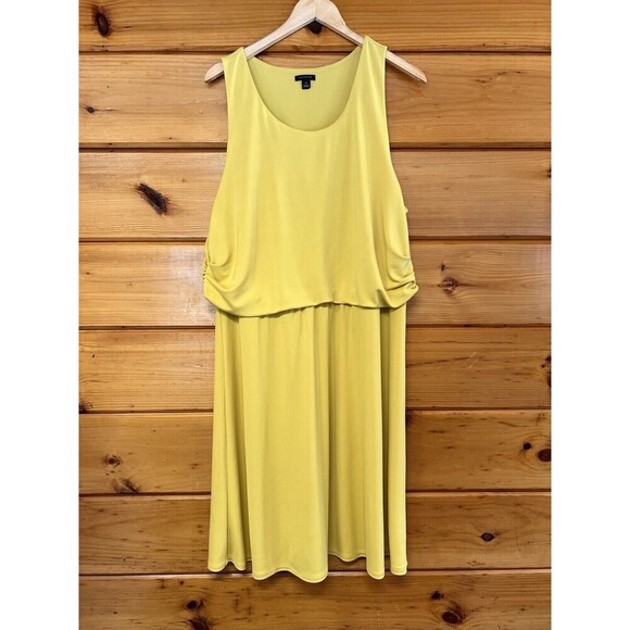 Ann Taylor sleeveless Midi Round Neck Lined Ruched mustard yellow XL Dress - Picture 1 of 5